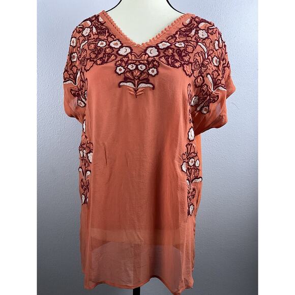 Sundance Sz M Wms Silk Embroidered Orange SS Boho Festival Colorful Lined Top - Picture 1 of 8